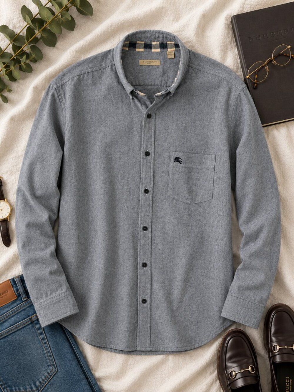 Burberry Brit Gray Oxford Button Down Shirt Nova Check Trim Men's XL Fits Medium